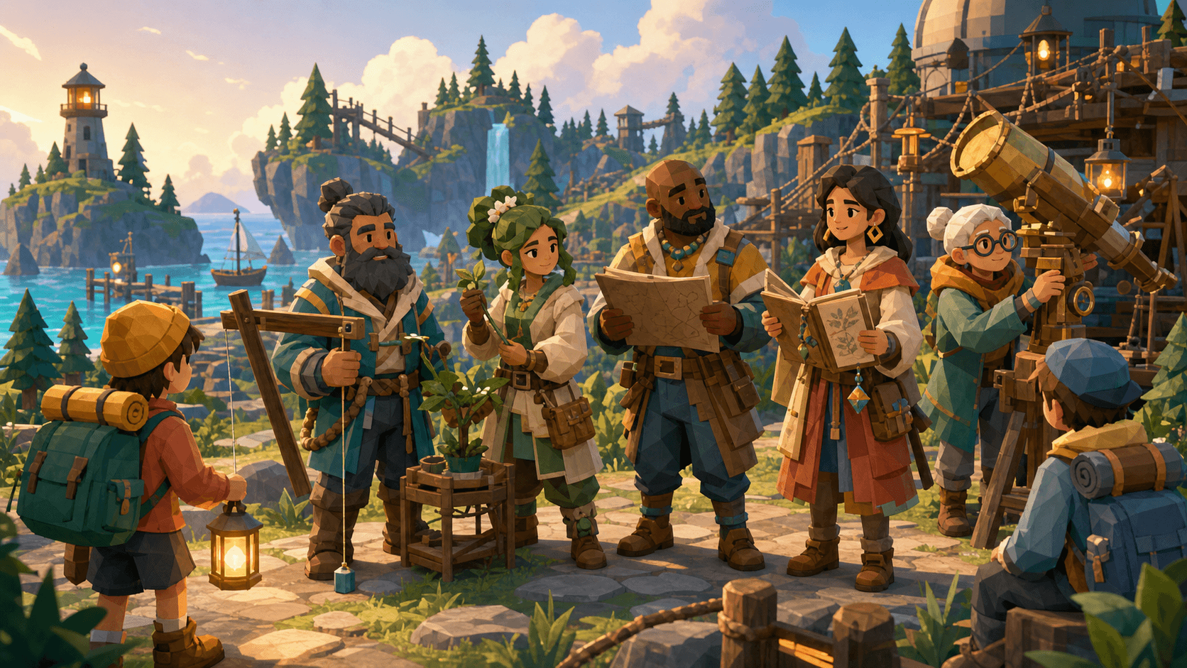 Five Haven NPC educators meeting young adventurers at an island trailhead