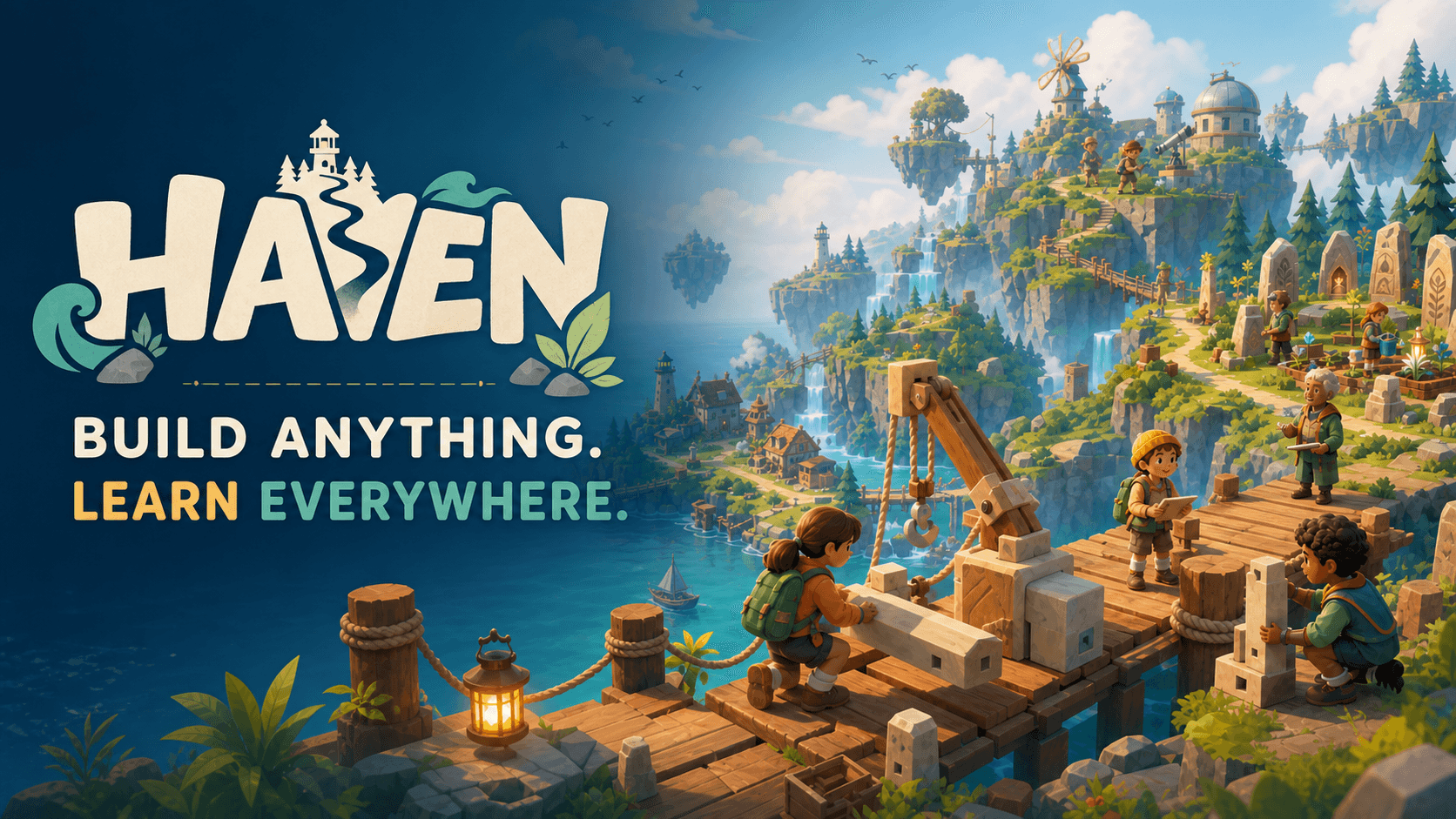 Haven — Build anything. Learn everywhere. Young adventurers build a bridge across a vast island world.